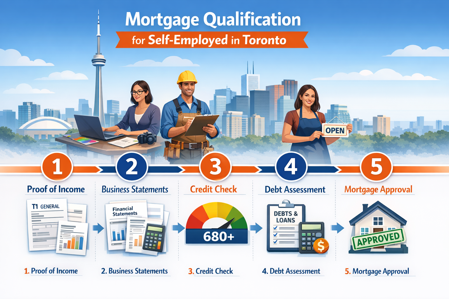 Landscape format (1536x1024) detailed infographic showing step-by-step mortgage qualification process for self-employed Toronto residents. V