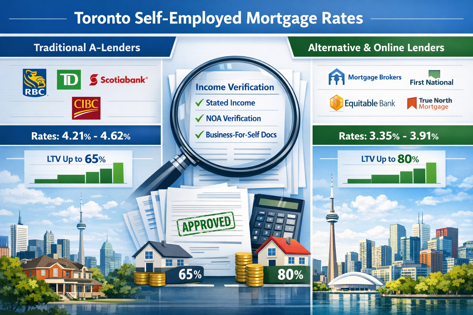 Landscape format (1536x1024) comprehensive comparison table visualization for Toronto self-employed mortgage rates. Split-screen design show
