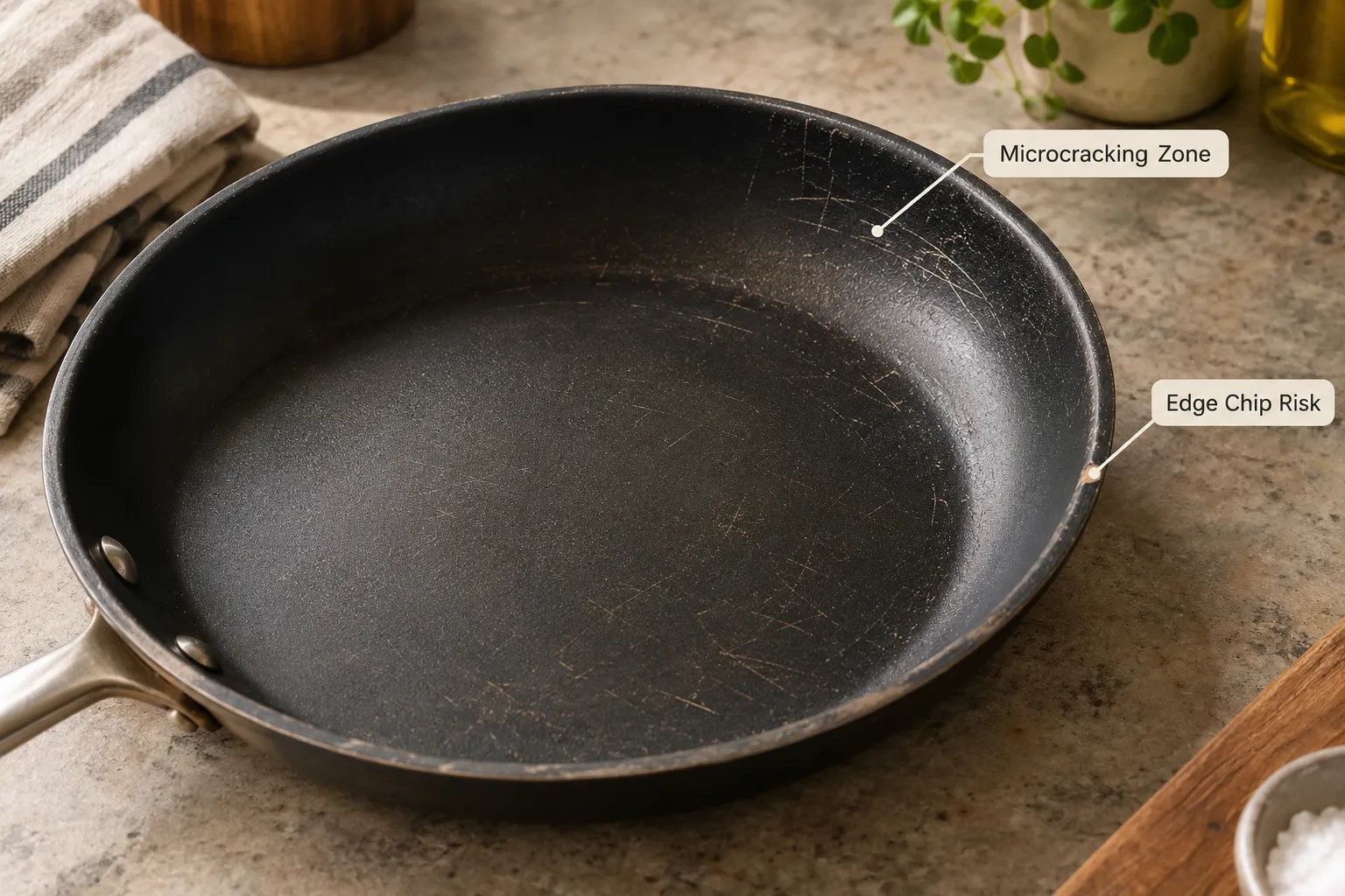 Best Durable Ceramic Cookware Annotated documentary photograph, landscape 1536x1024, of a ceramic nonstick skillet surface with visible light surface wear and micro scratch marks near the rim after months of home cooking, two small callout labels reading 'Microcracking Zone' and 'Edge Chip Risk' pointing to specific spots on the pan, soft side lighting on a stone countertop, muted warm tones, realistic kitchen-test photography style. Does Ceramic Cookware Scratch or Chip Easily, and How Do You Prevent It