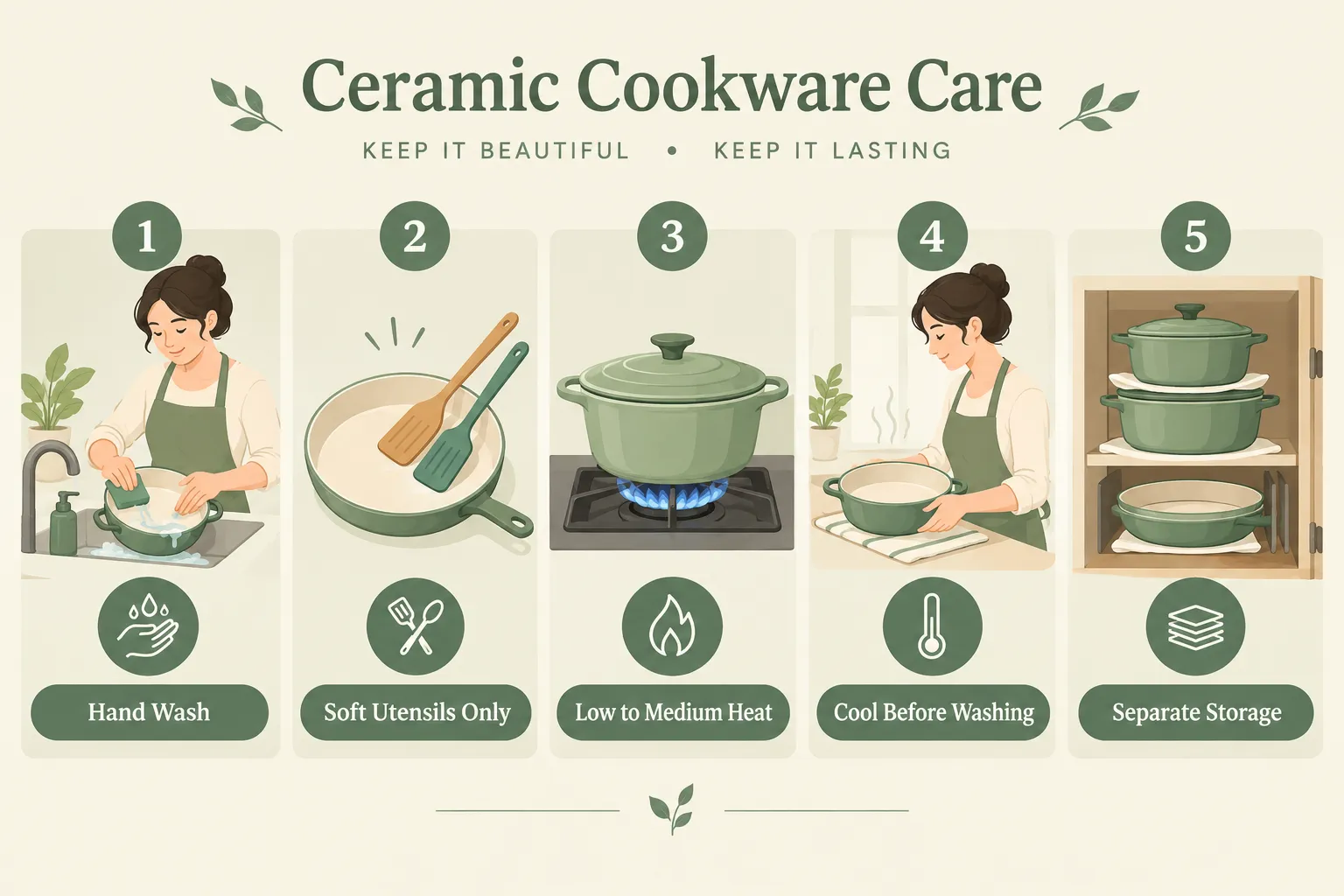 Best Durable Ceramic Cookware Numbered step-by-step process flow diagram, landscape 1536x1024, showing five stages of ceramic cookware care with a small icon above each step captioned 'Hand Wash', 'Soft Utensils Only', 'Low to Medium Heat', 'Cool Before Washing', 'Separate Storage', clean flat-vector illustration style, soft sage green and cream palette, minimal icons, editorial infographic polish for a kitchen guide. Does Ceramic Cookware Go in the Dishwasher, or Is It Hand Wash Only
