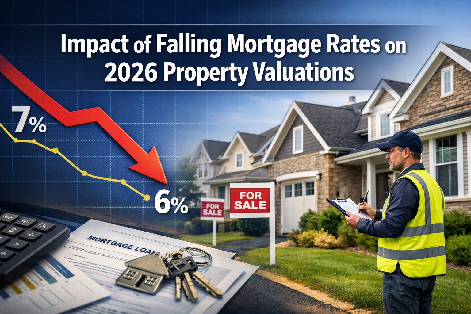 Professional landscape format (1536x1024) hero image featuring bold text overlay 'Impact of Falling Mortgage Rates on 2026 Property Valuatio