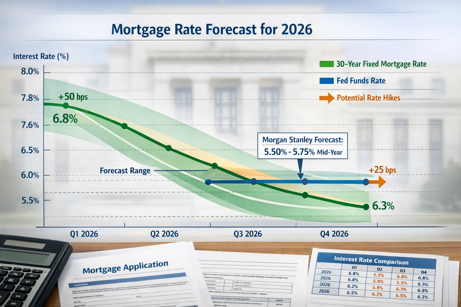 Landscape format (1536x1024) editorial image showing detailed mortgage rate forecast chart for 2026 with multiple trend lines: 30-year fixed