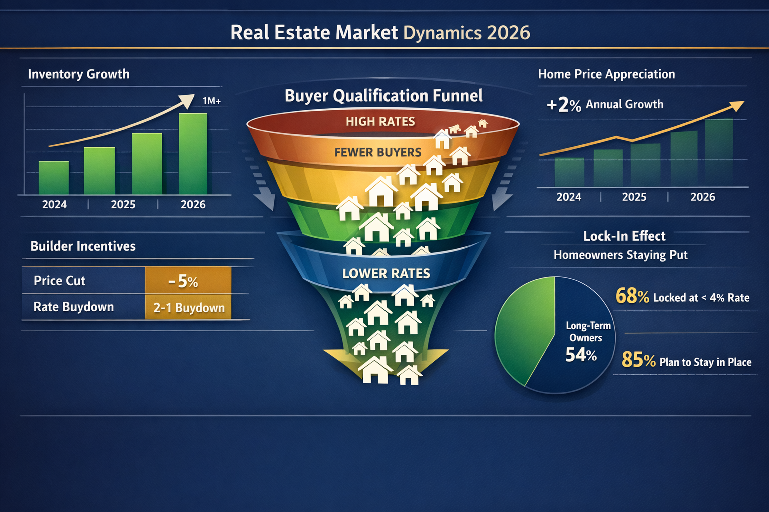 Landscape format (1536x1024) strategic planning image showing real estate market dynamics for 2026 with multiple data visualization elements