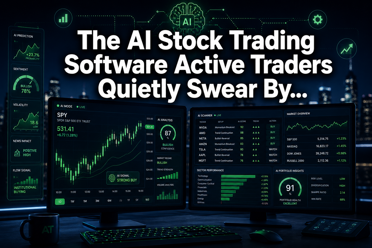 Professional () hero image with : 'The AI Stock Trading Software Active Traders Quietly Swear By...' in extra large white