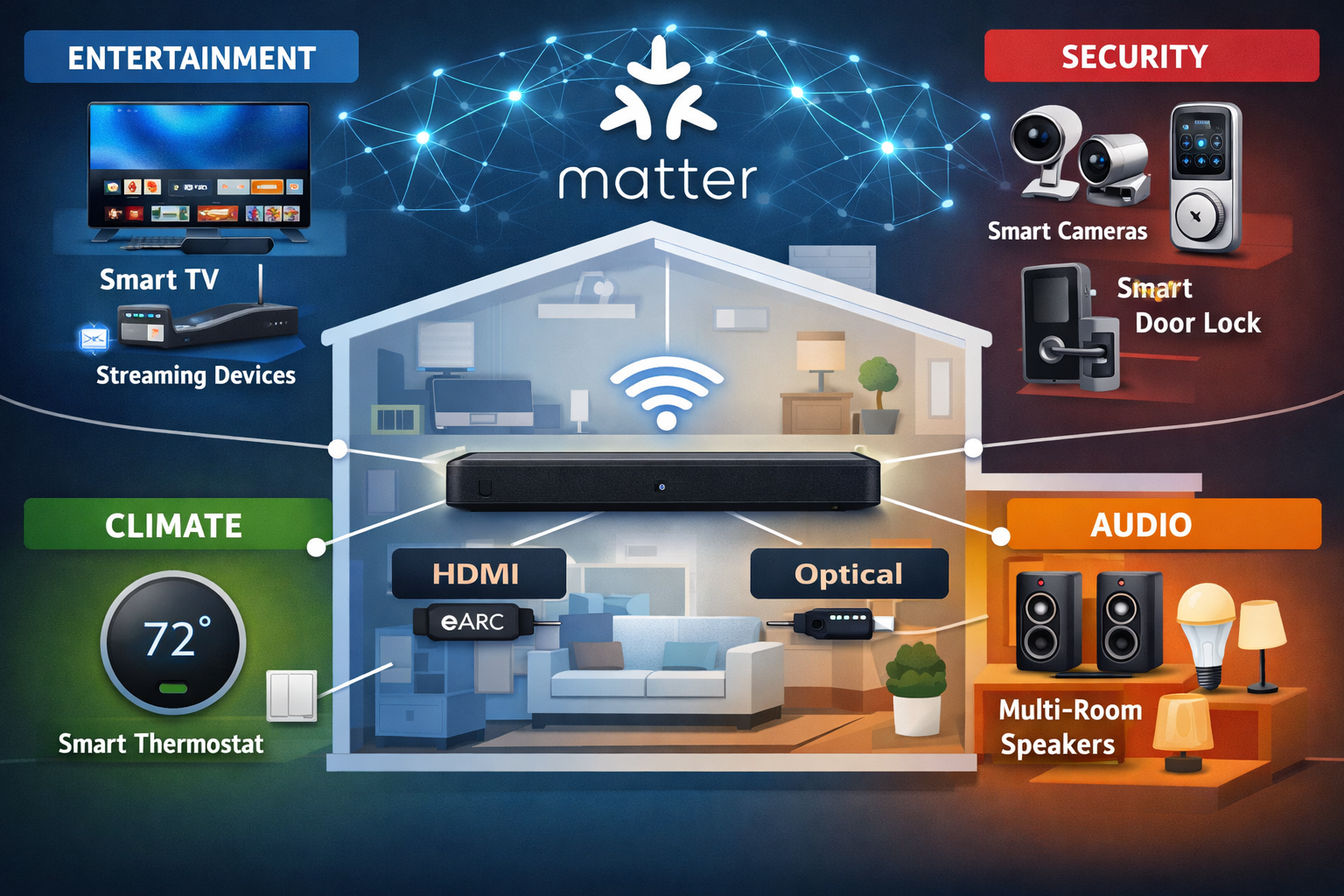 Comprehensive landscape format (1536x1024) infographic-style image illustrating smart home ecosystem integration, central soundbar connected