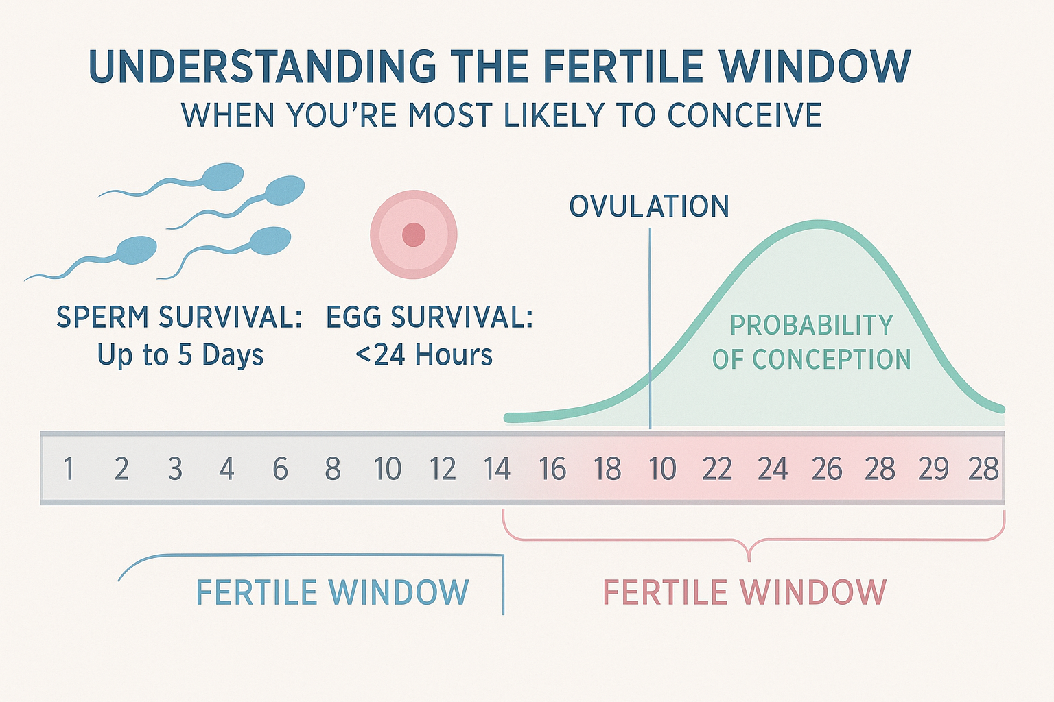 A detailed infographic illustrating the menstrual cycle and the fertile window (the 6 days leading up to and including ovulation). Visual el