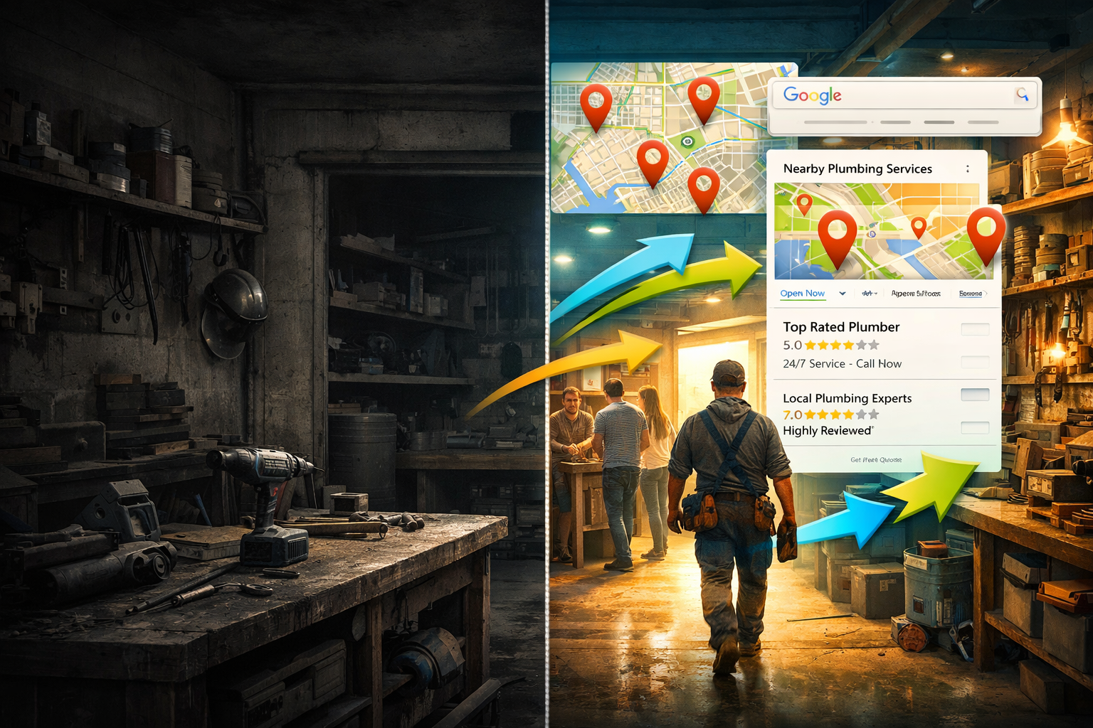 avoid years or dates on the images Dramatic visual representation of local SEO importance for tradespeople, showing a split-screen landscape