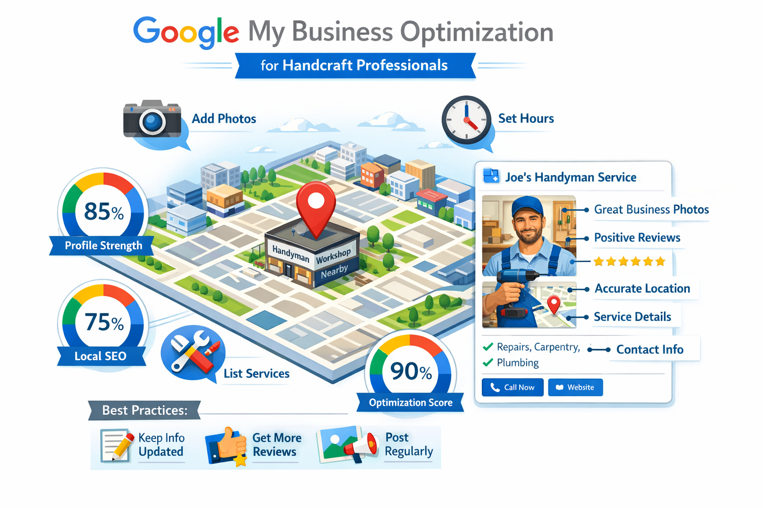 avoid years or dates on the images Google My Business optimization graphic for handcraft professionals, featuring an isometric map of a loca