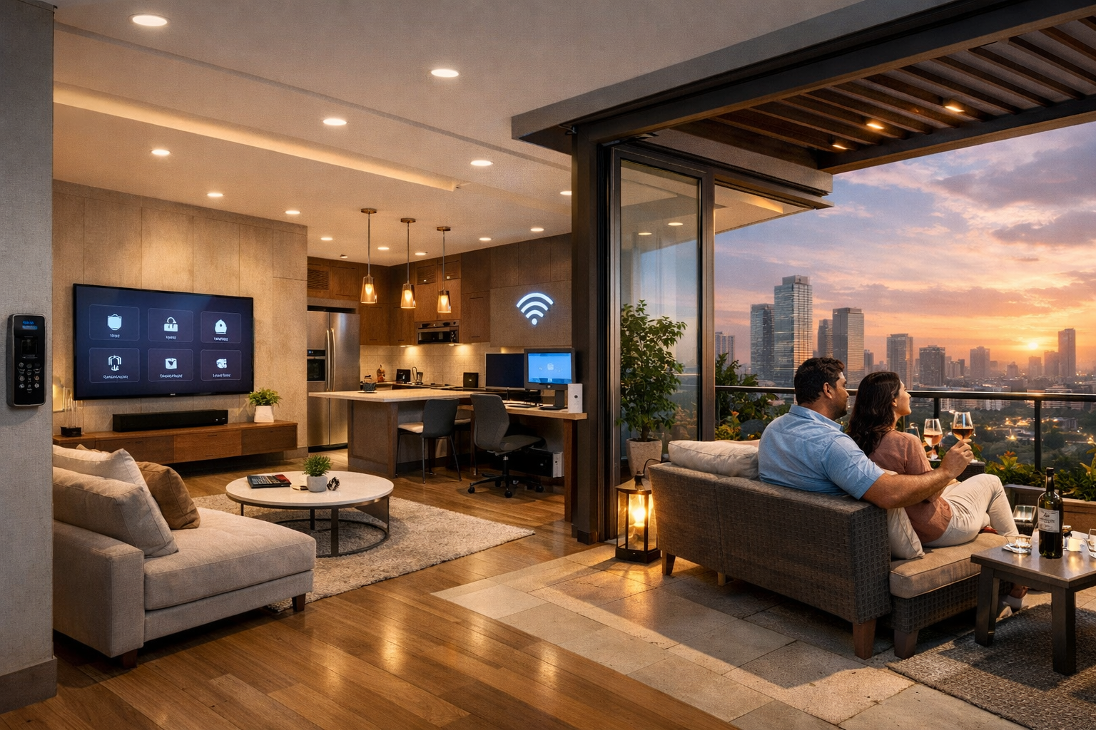 Detailed () image illustrating a modern, well-lit, fully automated Airbnb apartment in Gurgaon. The scene should showcase a