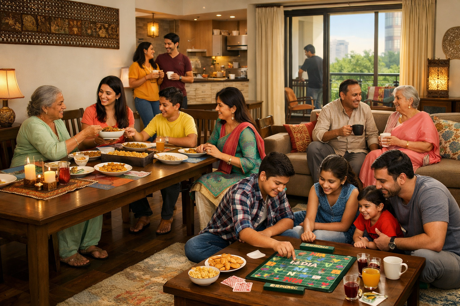 () image depicting a multi-generational family reunion enjoying a comfortable, extended stay at an Airbnb in Gurgaon. The
