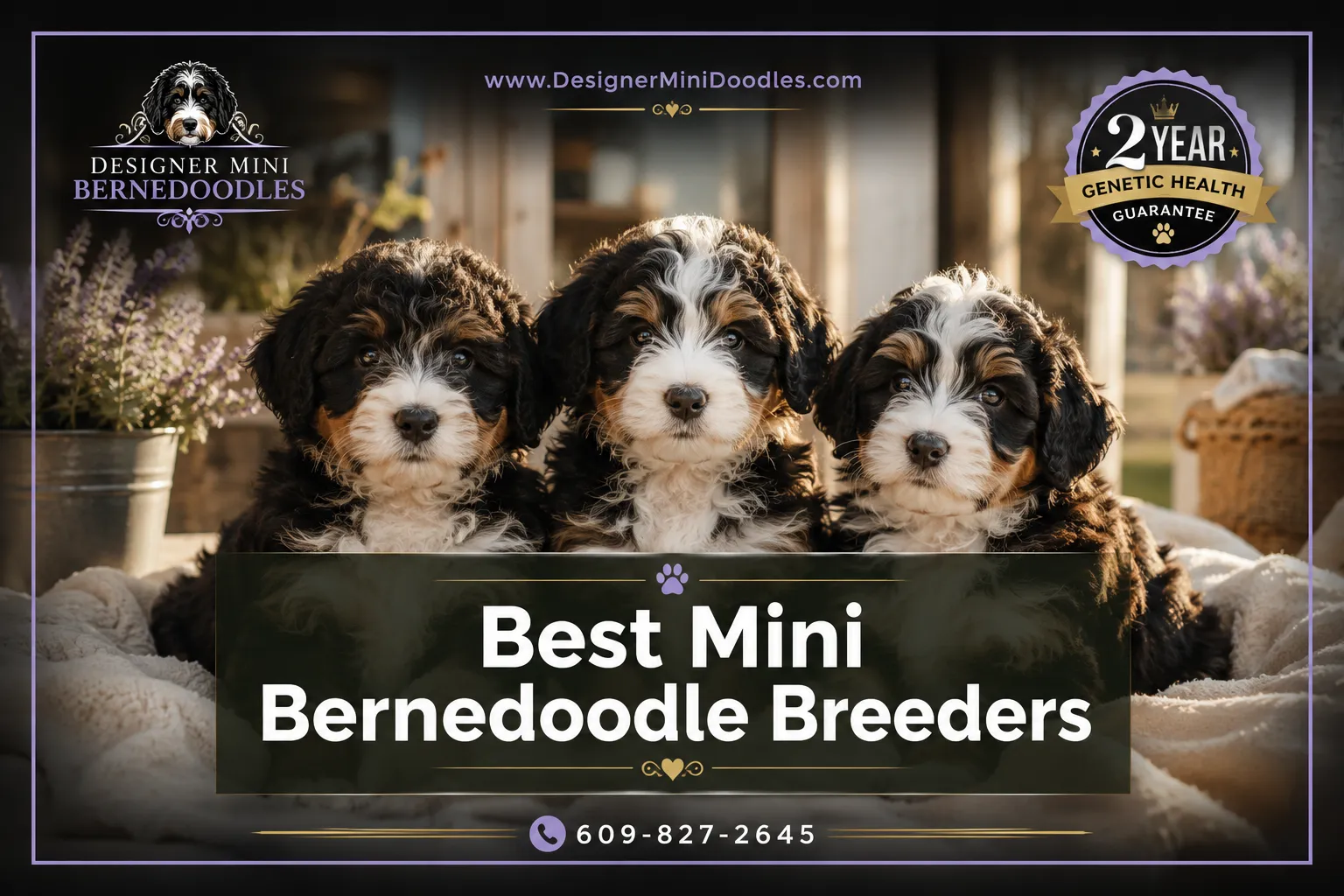 Professional () magazine-cover hero image with 'Best Mini Bernedoodle Breeders' in crisp white on a semi-transparent dark