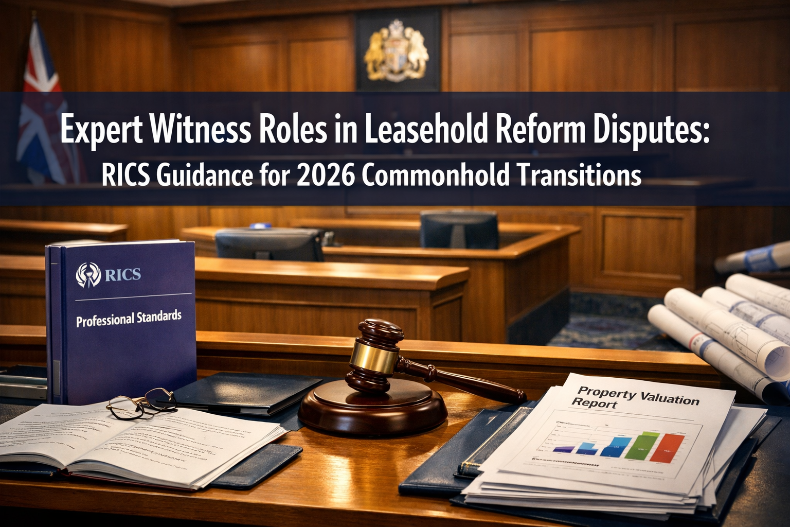 Professional () hero image featuring 'Expert Witness Roles in Leasehold Reform Disputes: RICS Guidance for 2026 Commonhold