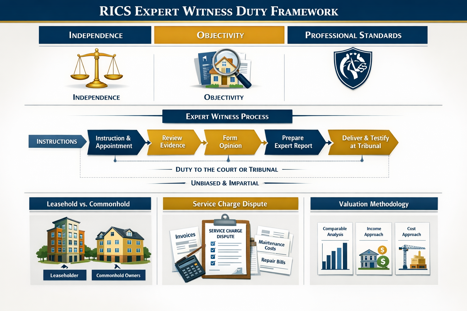 () detailed infographic showing RICS expert witness duty framework with three pillars: Independence (golden scales of