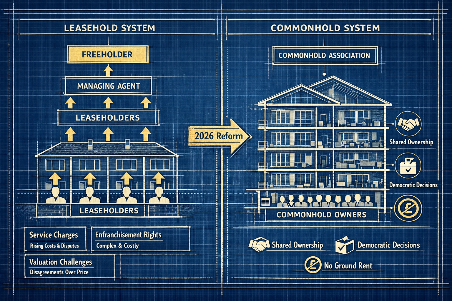 () architectural cross-section illustration of UK residential block showing leasehold-to-commonhold transition process. Left