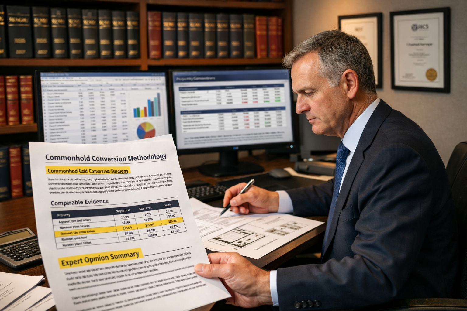 () professional photograph of RICS chartered surveyor in business attire examining property valuation documents at modern