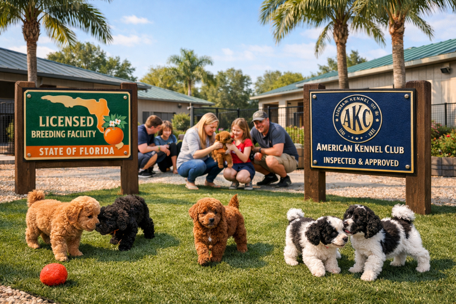 Professional Florida breeding facility exterior with palm trees and sunshine, multiple adorable toy poodle puppies of different colors (apri