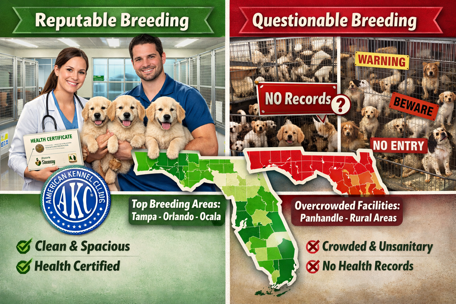 Split-screen comparison showing reputable vs questionable breeding practices - left side displays clean, spacious facility with health certi
