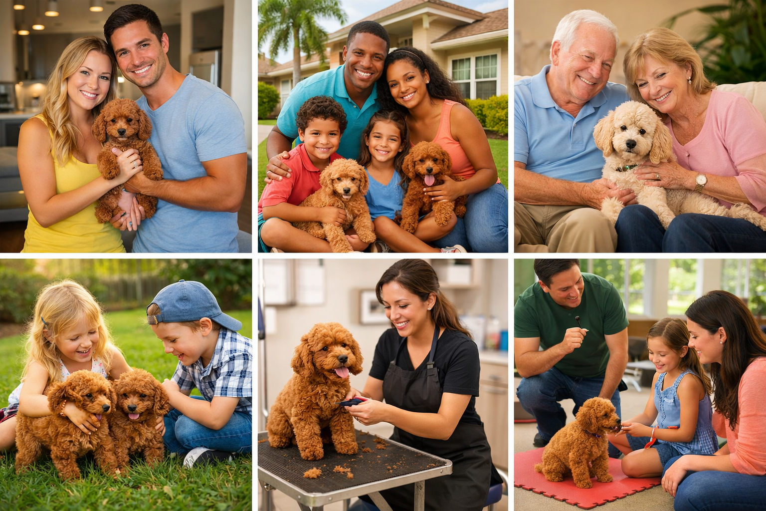 Happy Florida families with their new toy poodle puppies in various home settings - modern apartments, suburban homes, elderly couple with t