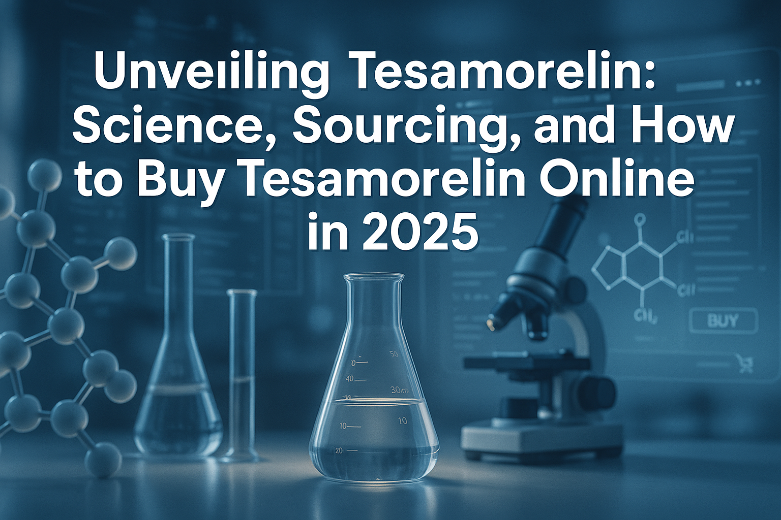 Professional landscape hero image (1536x1024) with bold text overlay: 'Unveiling Tesamorelin: Science, Sourcing, and How to Buy Tesamorelin 