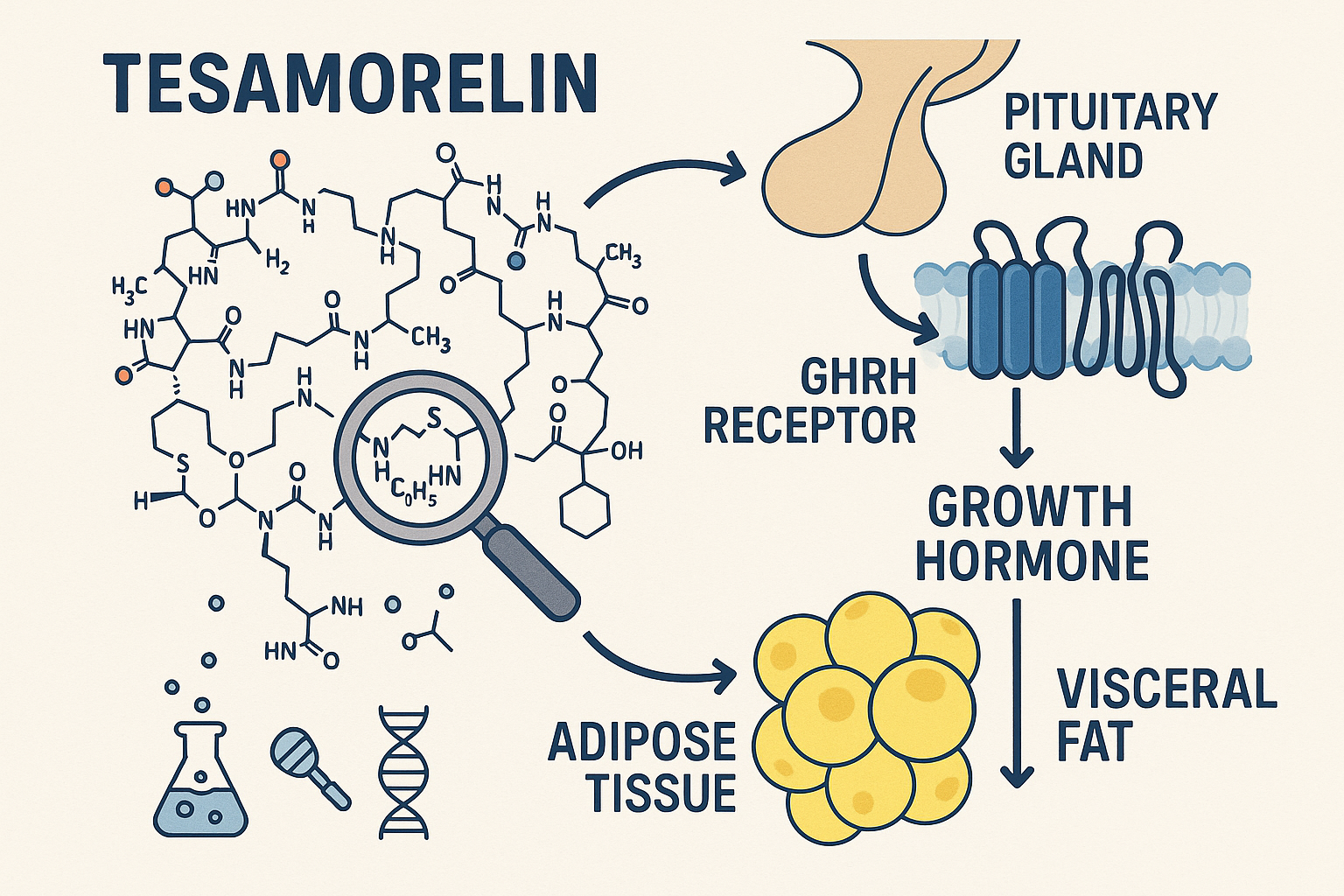 A detailed infographic illustrating the molecular structure of Tesamorelin and its mechanism of action on the growth hormone-releasing hormo