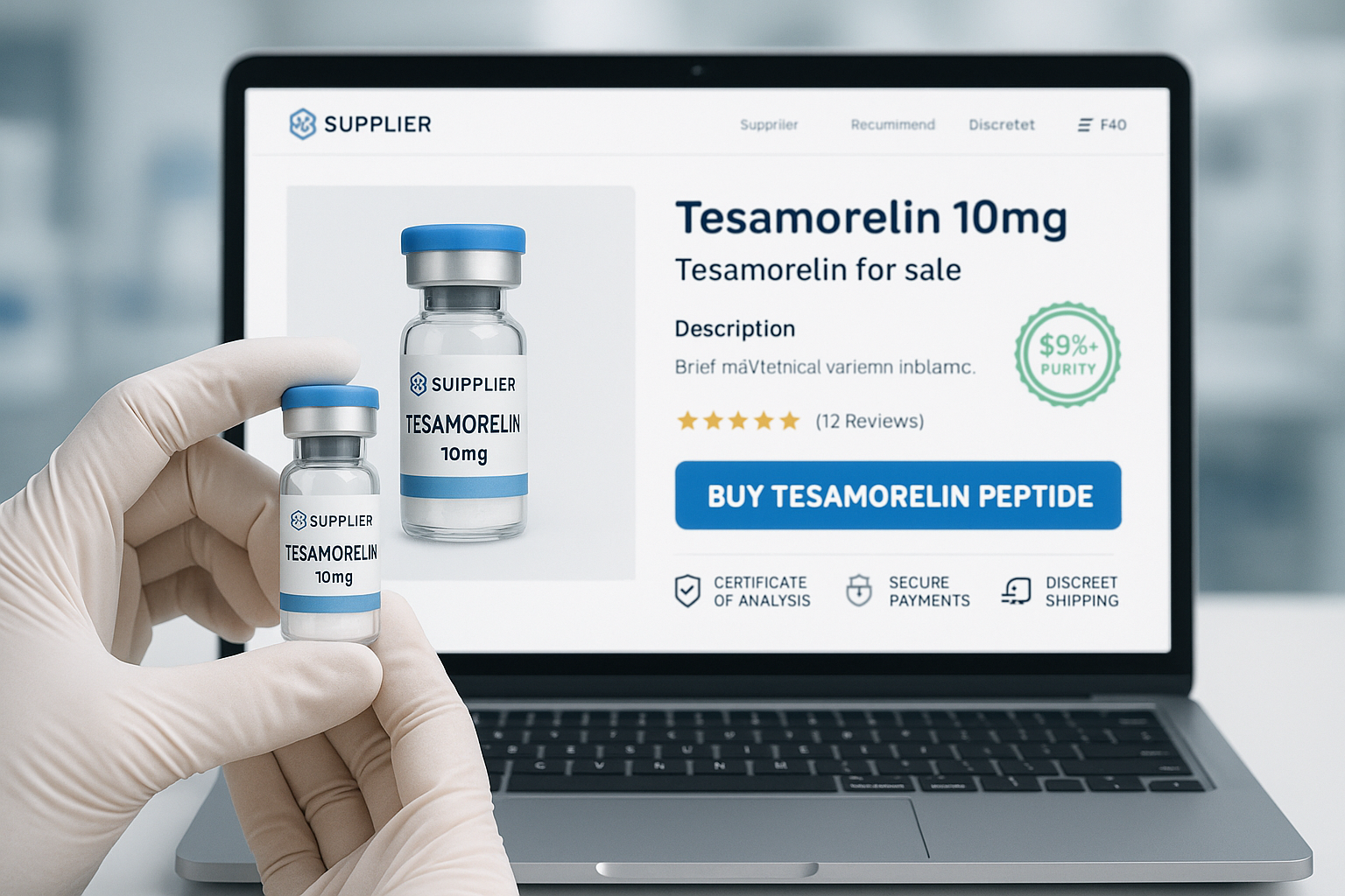 A visually engaging digital marketplace interface mock-up on a laptop screen, displaying a product page for 'Tesamorelin 10mg' or 'Tesamorel
