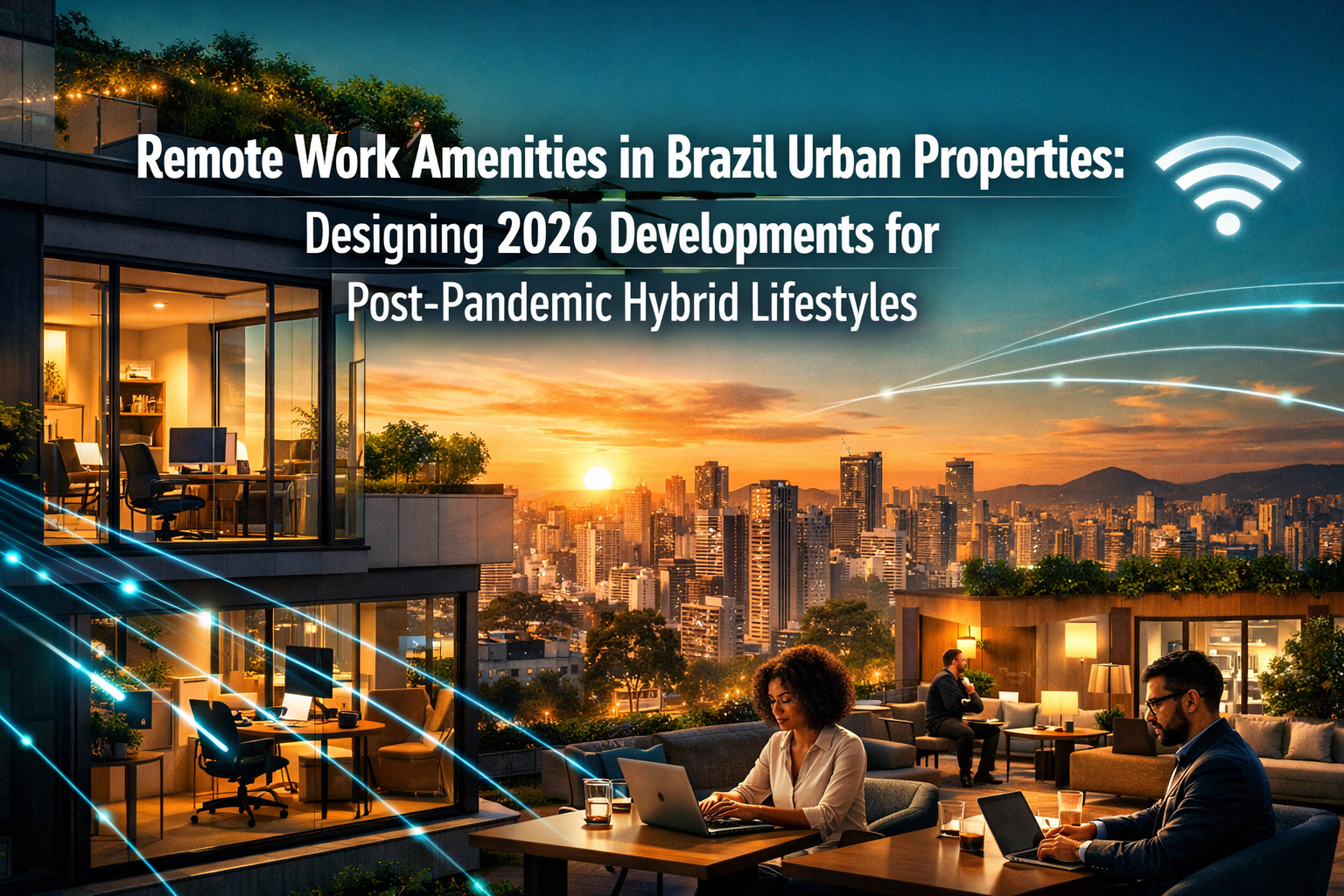 Professional landscape format (1536x1024) hero image featuring bold text overlay 'Remote Work Amenities in Brazil Urban Properties: Designin