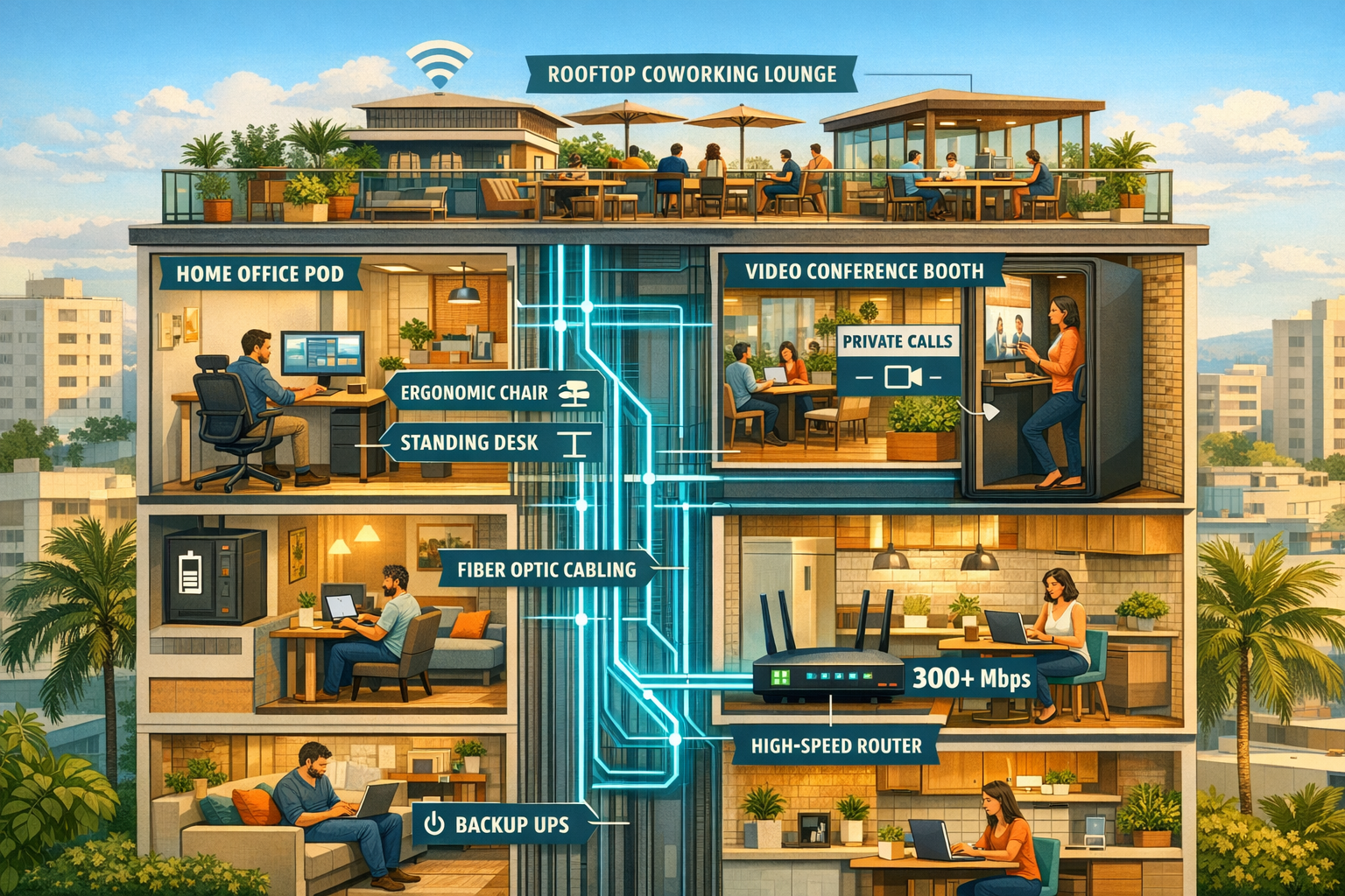 Detailed landscape format (1536x1024) architectural cutaway illustration showing modern Brazilian mid-rise condominium building with transpa