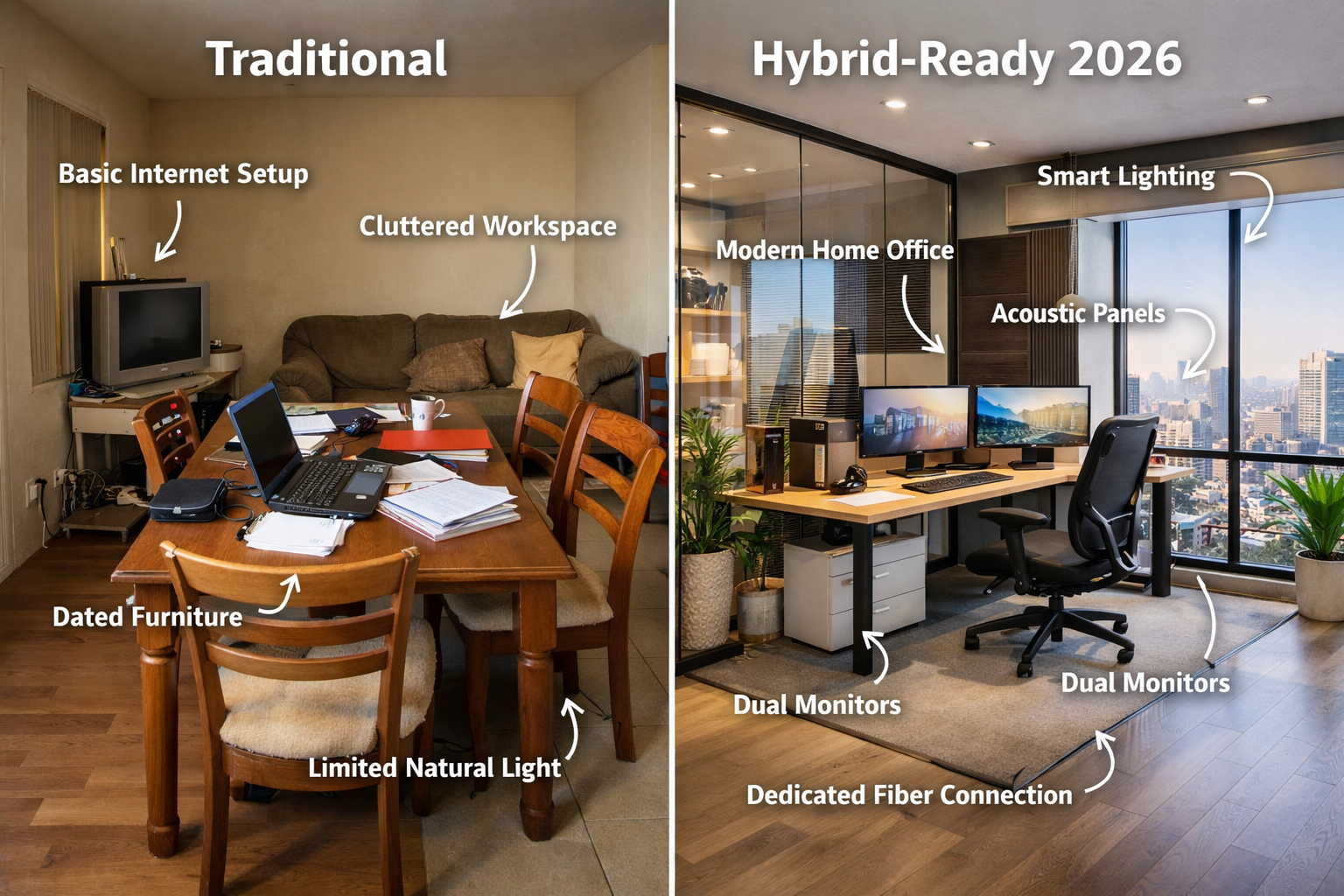 Detailed landscape format (1536x1024) split-screen comparison image showing traditional Brazilian apartment (left) versus 2026 hybrid-ready 