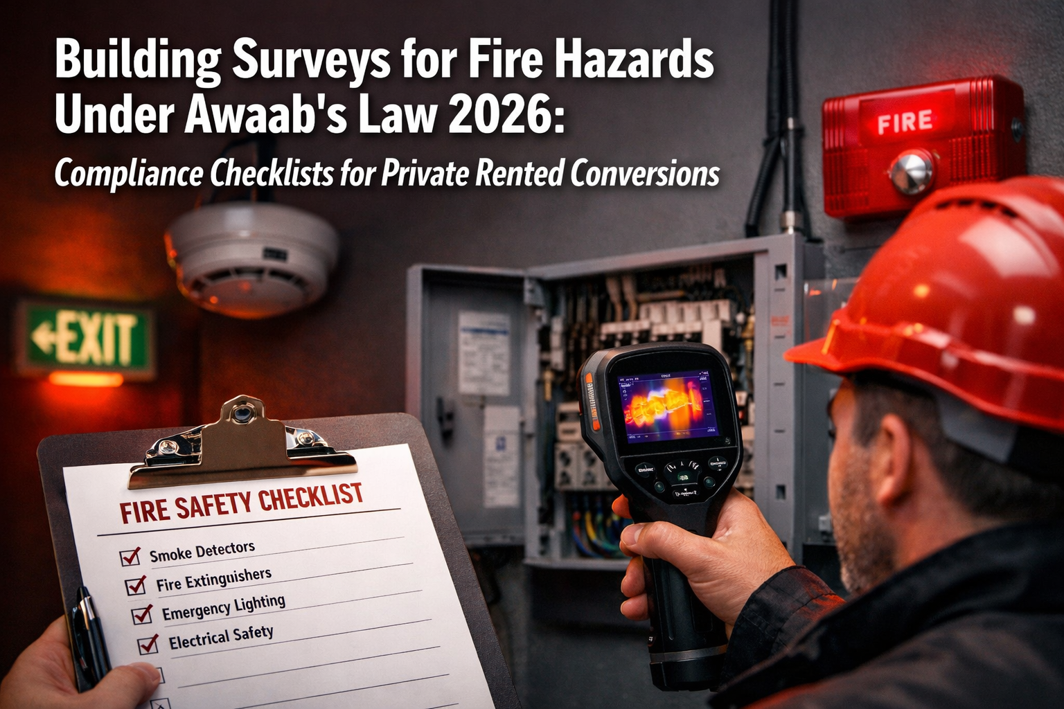 Professional () hero image featuring 'Building Surveys for Fire Hazards Under Awaab's Law 2026: Compliance Checklists for