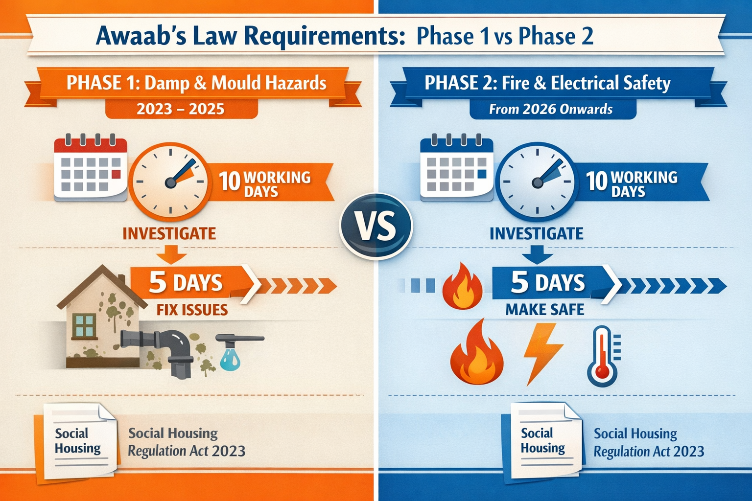 () detailed illustration showing side-by-side comparison of Phase 1 versus Phase 2 Awaab's Law requirements, split-screen