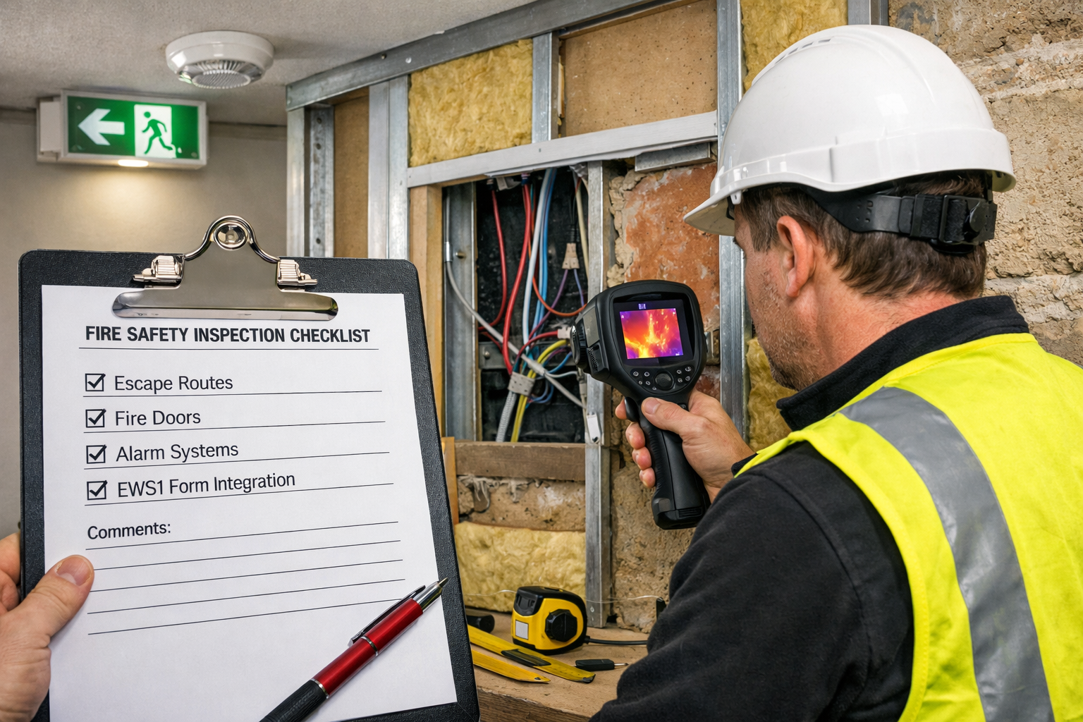 () detailed photograph of professional building surveyor conducting comprehensive fire hazard inspection in converted