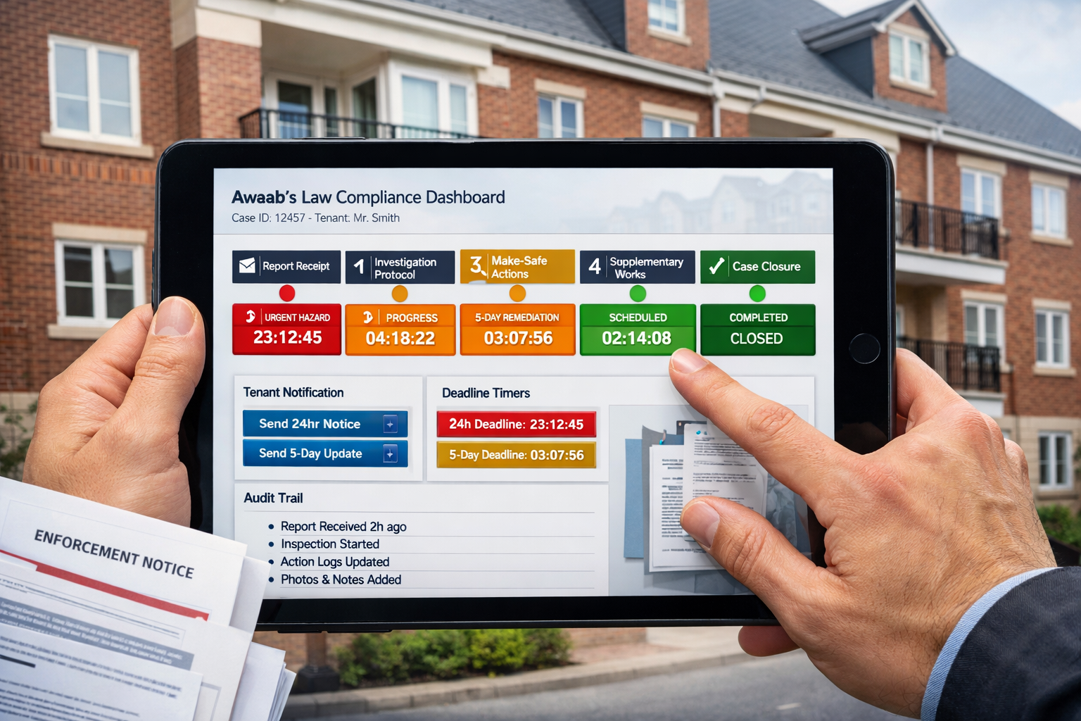 () professional compliance dashboard visualization showing interactive digital checklist interface on tablet screen held by