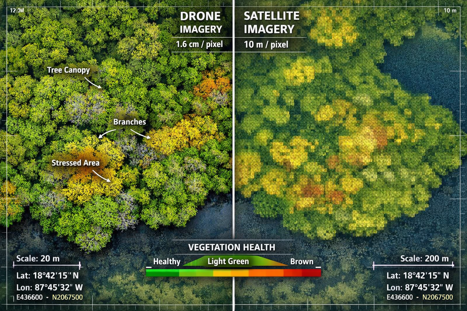 Detailed () image showing split-screen comparison of drone versus satellite mangrove imagery. Left side displays