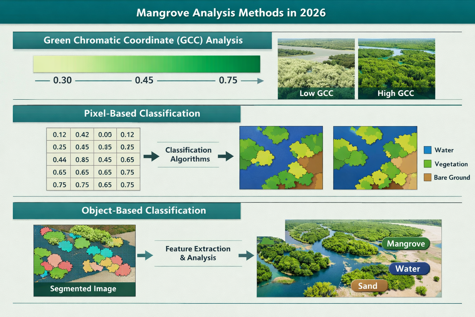 Detailed () infographic illustration demonstrating three primary mangrove analysis methods in 2026. Top third shows Green