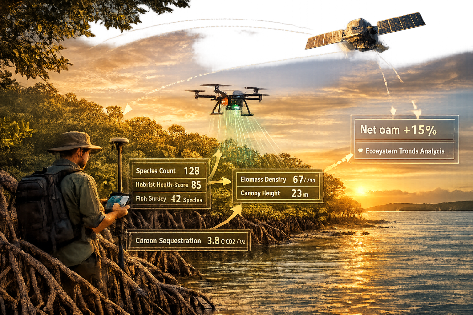 Detailed () conceptual illustration of hybrid remote-field survey methodology for coastal biodiversity net gain monitoring.