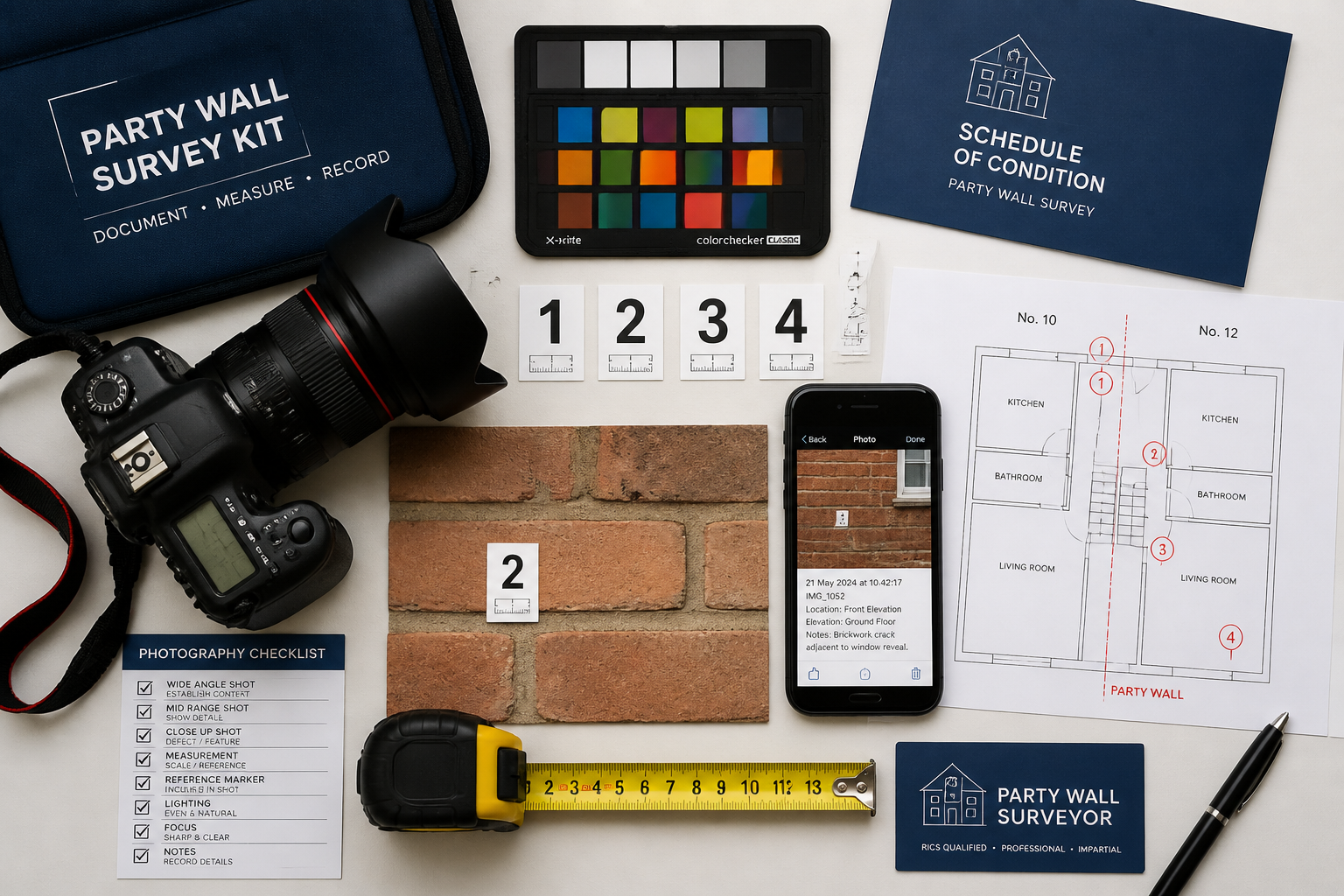 Detailed () image showing a close-up overhead flat-lay of a professional party wall survey photography kit: DSLR camera with