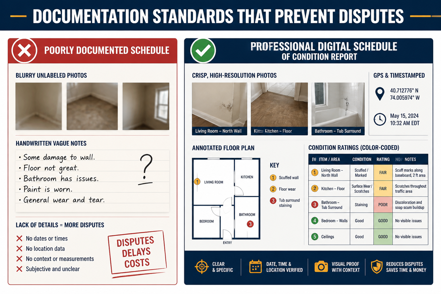 () split-panel infographic illustration showing two contrasting scenarios: LEFT panel shows a poorly documented schedule