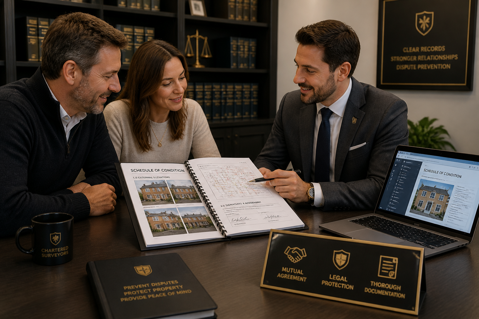 () courtroom-adjacent professional scene showing two property owners and a chartered surveyor sitting across a conference