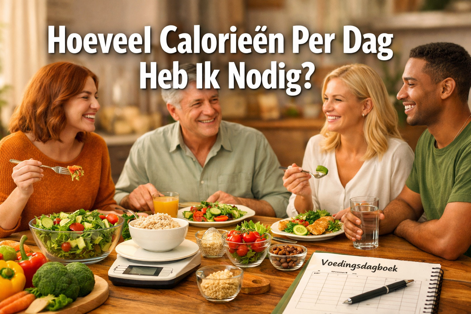 Professional landscape hero image (1536x1024) featuring bold text overlay 'Hoeveel Calorieën Per Dag Heb Ik Nodig?' in extra large 72pt whit