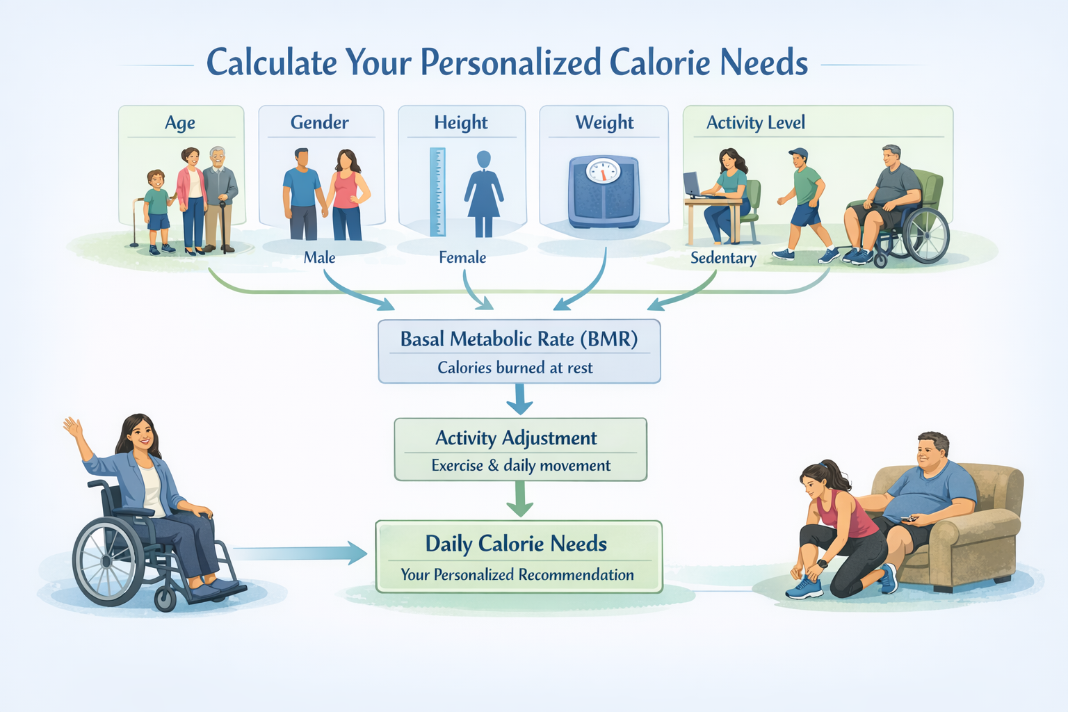Detailed infographic showing personalized calorie calculation process with visual flowchart, including age, gender, height, weight, activity