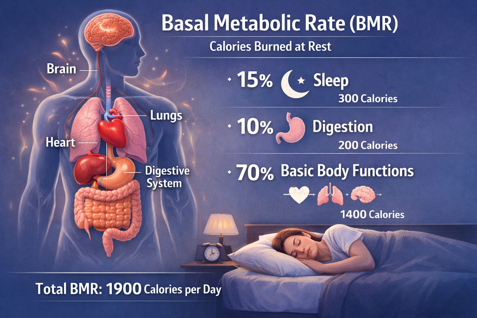 Detailed visual representation of basal metabolic rate (BMR) concept showing human silhouette with internal systems highlighted: brain, hear