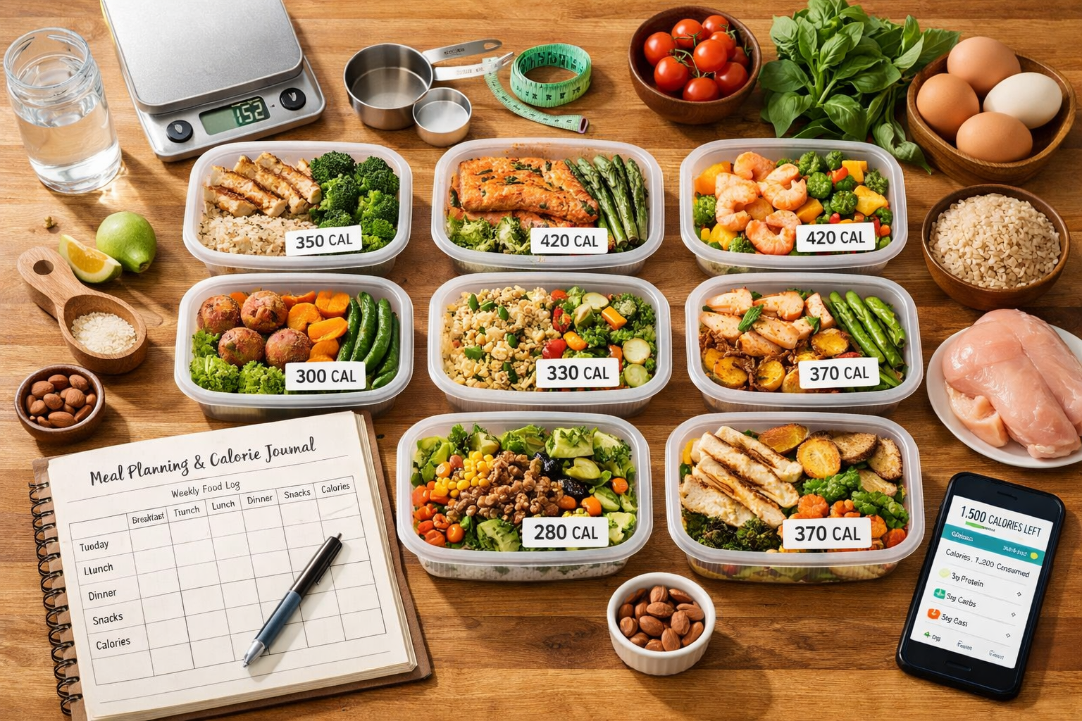 Practical meal planning flatlay photograph showing weekly meal prep containers with portion-controlled healthy meals, nutrition labels, calo