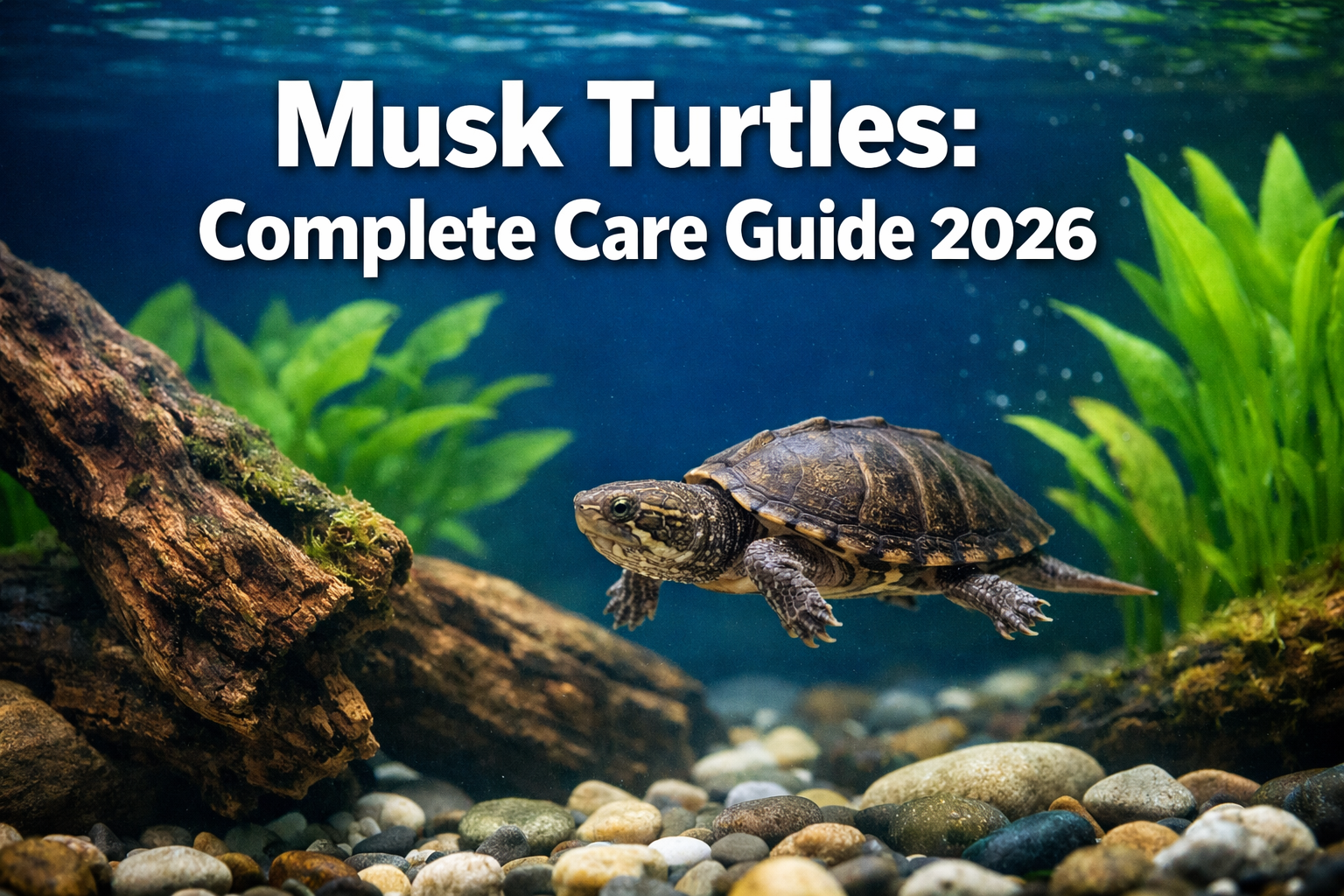 Professional landscape hero image (1536x1024) featuring bold text overlay 'Musk Turtles: Complete Care Guide 2026' in extra large 70pt white