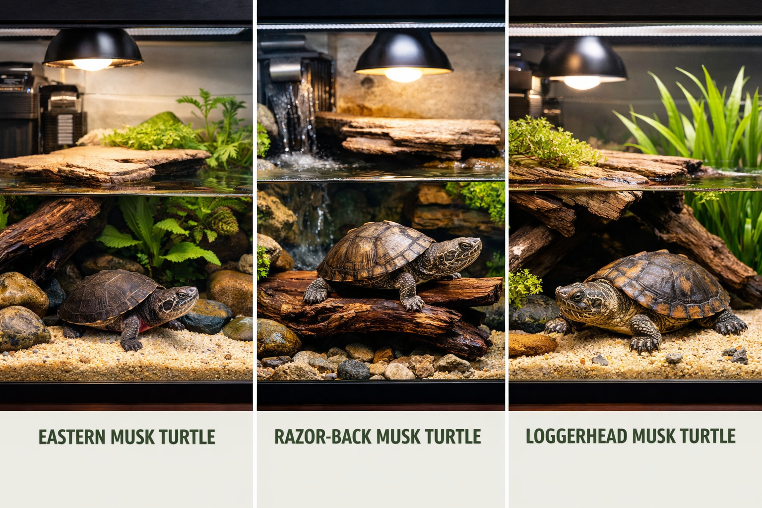 Professional aquarium setup showcase featuring multiple musk turtle species in spacious tank environments, comparing Eastern musk turtle, Ra