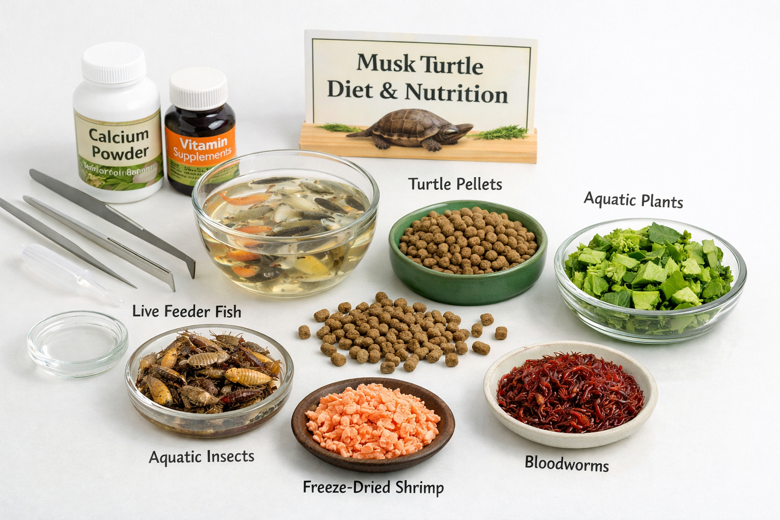 Comprehensive feeding scene showing various musk turtle food options including live fish, aquatic insects, commercial turtle pellets, and aq