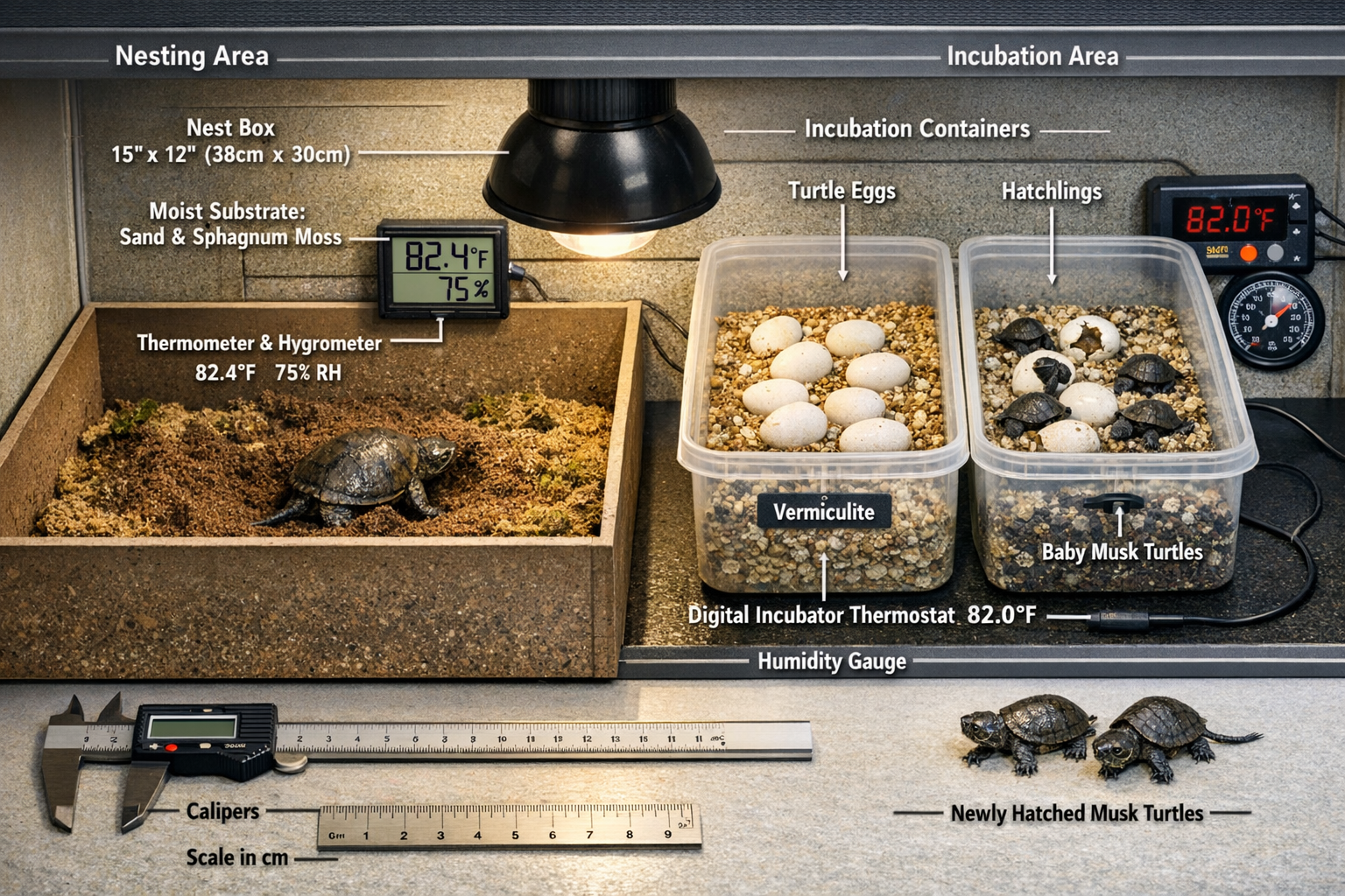 Detailed breeding setup displaying musk turtle nesting area with proper substrate, temperature monitoring equipment, incubation containers w