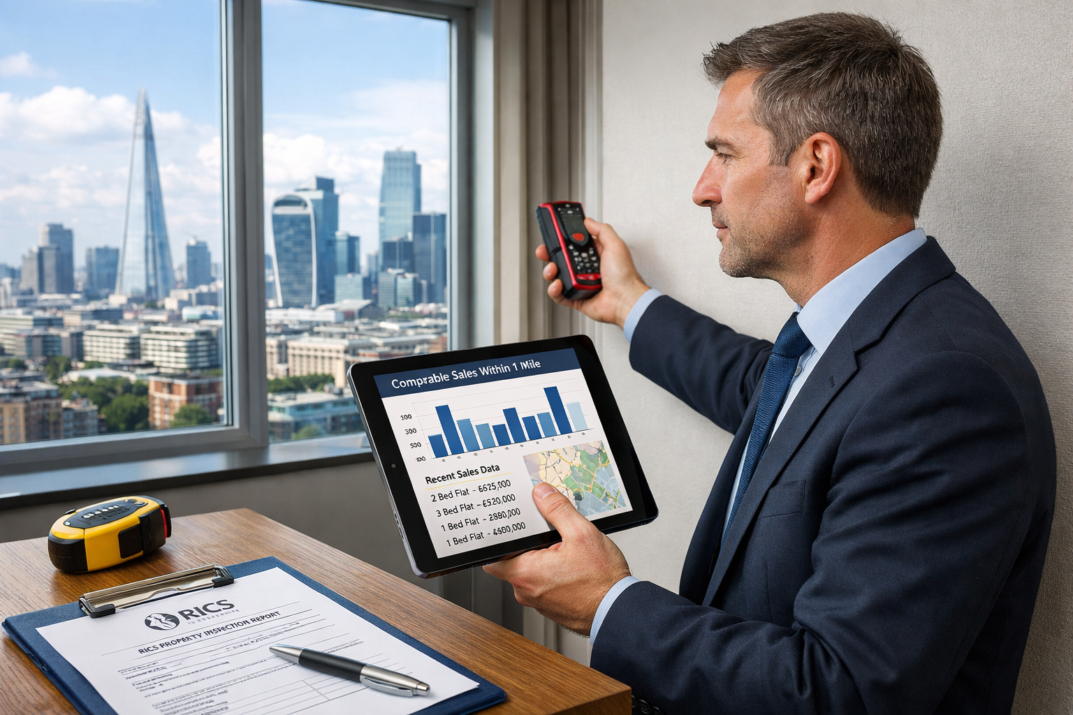 Detailed () image showing professional chartered surveyor in business attire conducting property inspection with tablet and