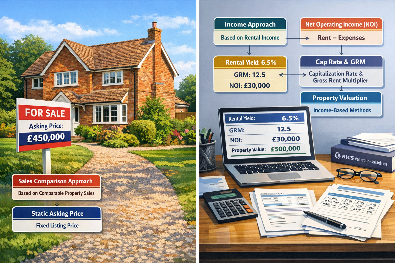 Wide () split-screen composition image showing left side: traditional residential property exterior in South East England
