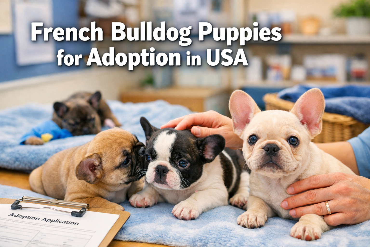 Professional landscape format (1536x1024) hero image featuring adorable French Bulldog puppies in a warm, welcoming adoption center setting
