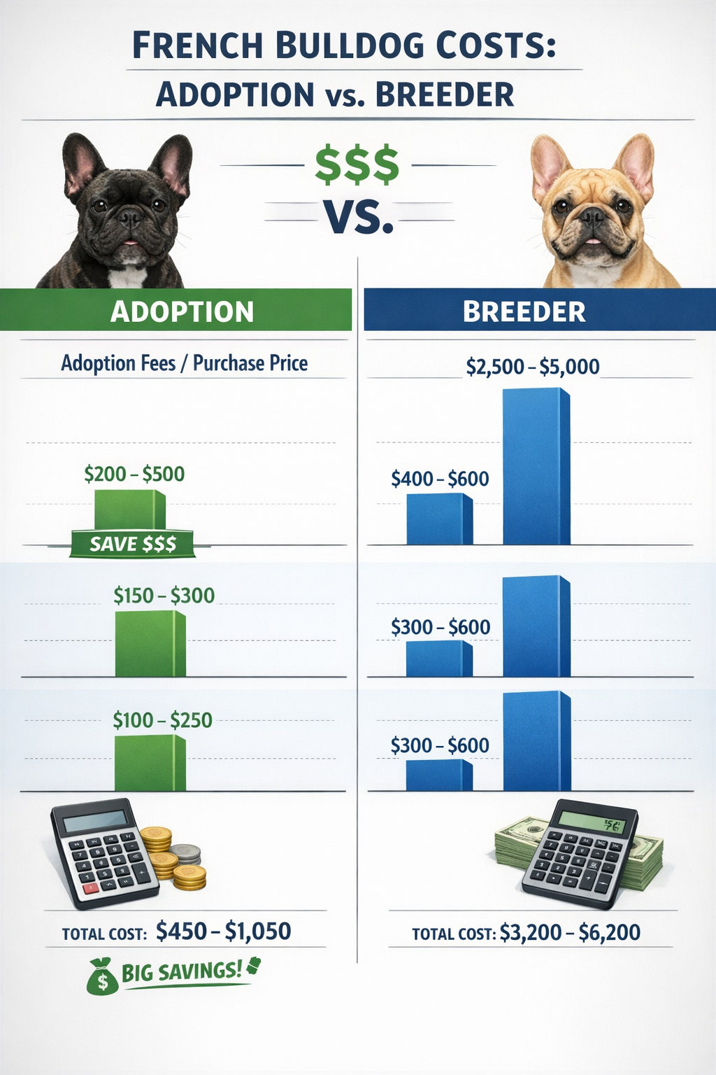 Portrait format (1024x1536) comparison chart showing adoption costs vs breeder costs for French Bulldogs, split-screen design with dollar si